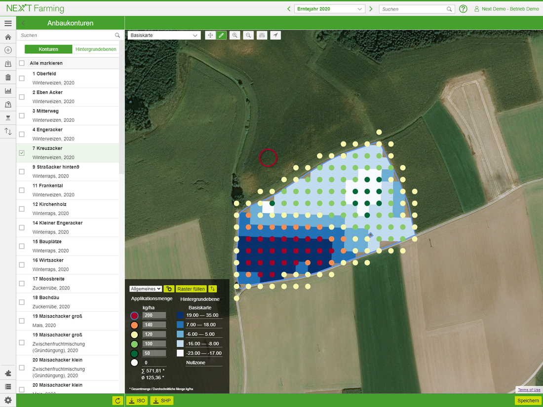 Screenshot des Moduls Applikationskartencenter der NEXT Farming Software LIVE.