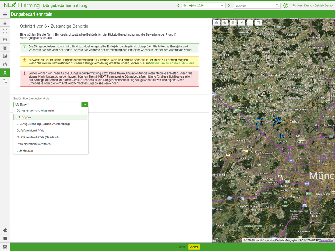 Screenshot des Moduls Düngebedarfsermittlung der NEXT Farming Software LIVE.
