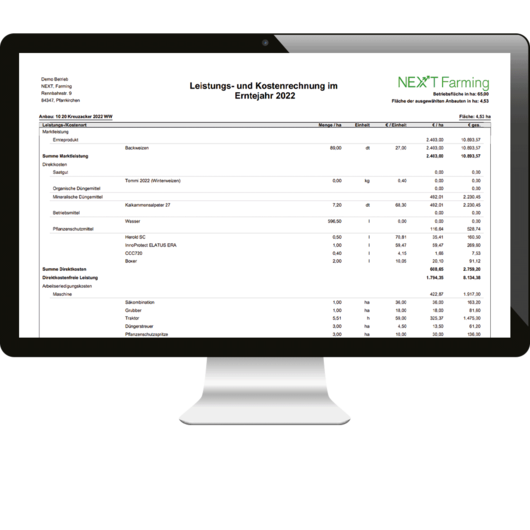 Computerbildschirm zeigt die Leistungs- und Kostenrechnung in NEXT Farming Live