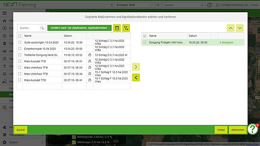 Screenshot Software wie geplante Maßnahmen und Applikationskarten ausgewählt und sortiert werden 