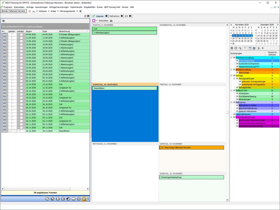Screenshot des Moduls Kalenderfunktionen/Dispomanagement der NEXT Farming Software LW Office.