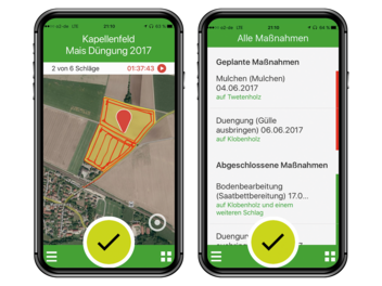 Zwei Bildschirmfotos der NEXT Farming App
