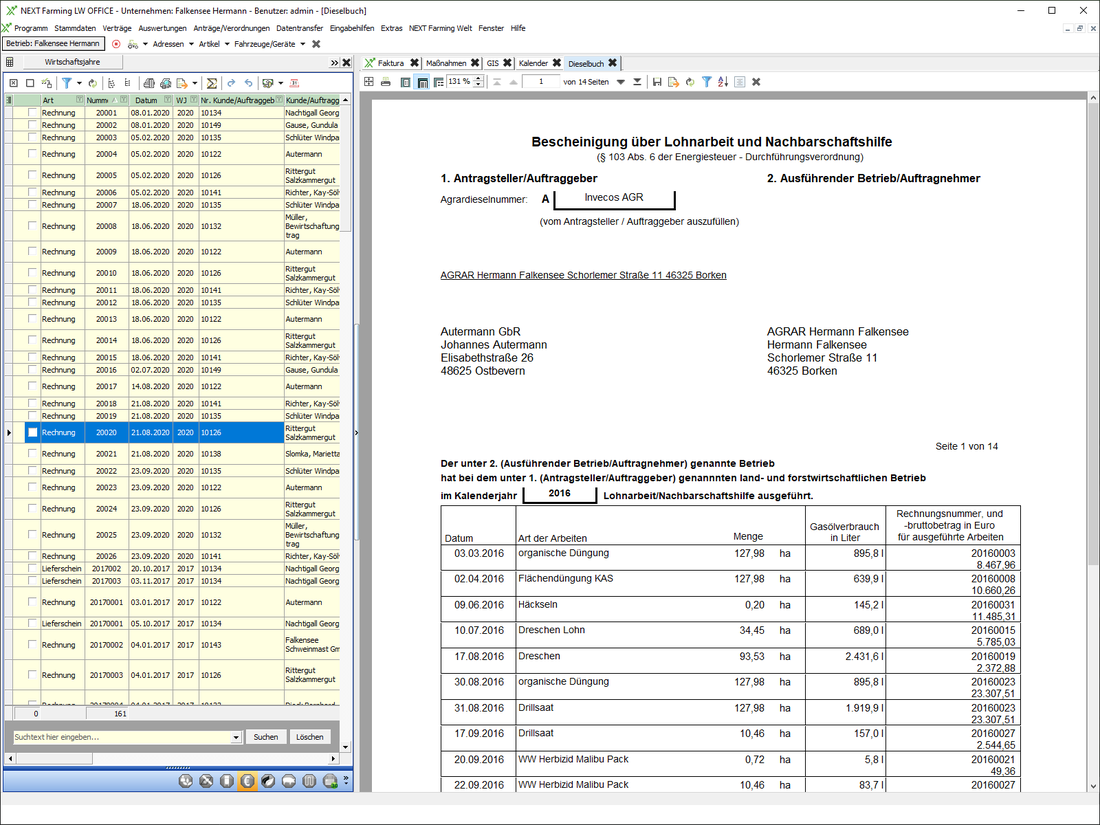 Screenshot des Moduls Lohnunternehmer Standard der NEXT Farming Software LW Office.