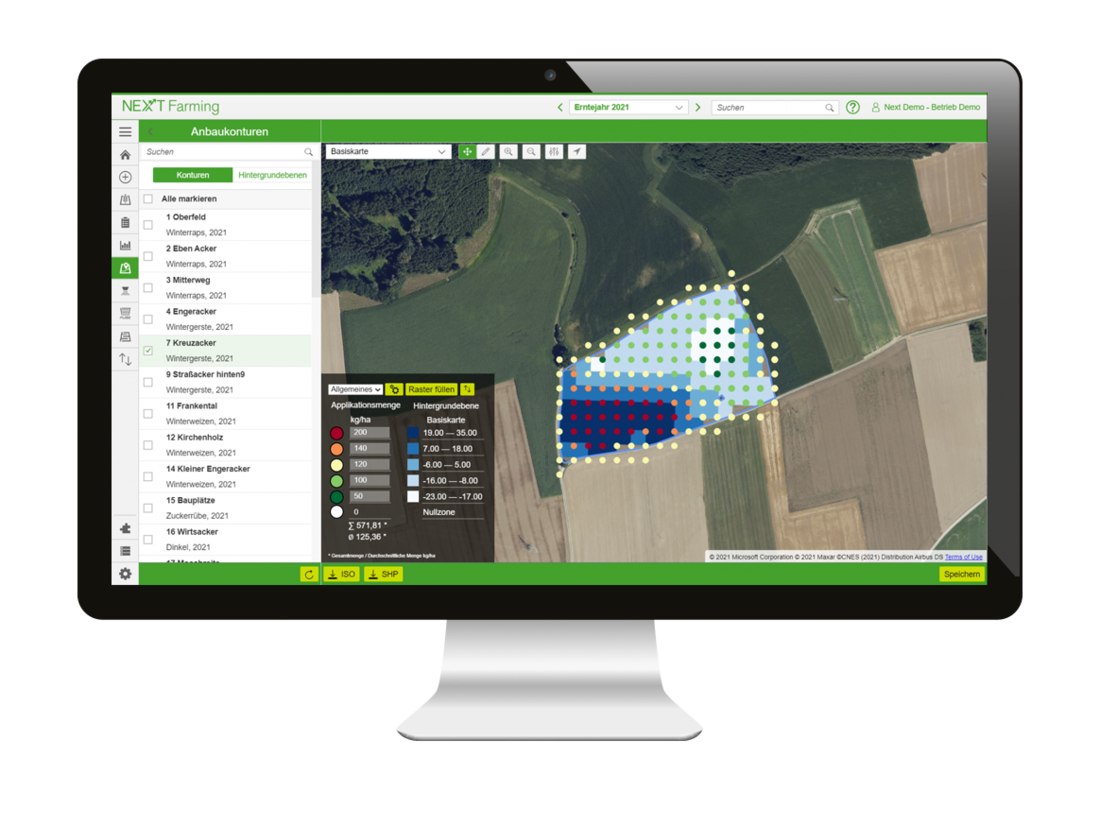 Screenshot des Moduls Applikationskartencenter der NEXT Farming Software LIVE.