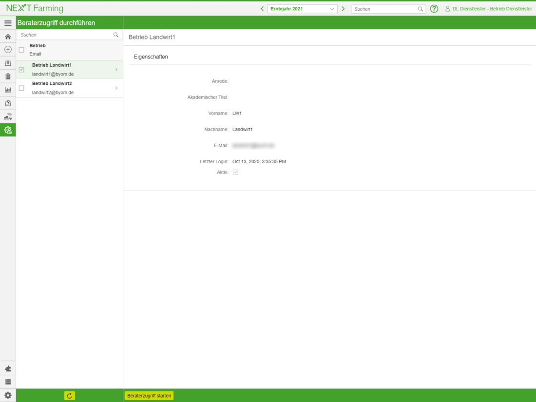 Screenshot des Moduls Beraterzugriff der NEXT Farming Software LIVE.
