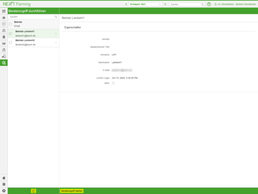 Screenshot des Moduls Beraterzugriff der NEXT Farming Software LIVE.