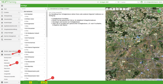 Verwaltung der Schlagkonturen in NEXT Farming, Schritt 1
