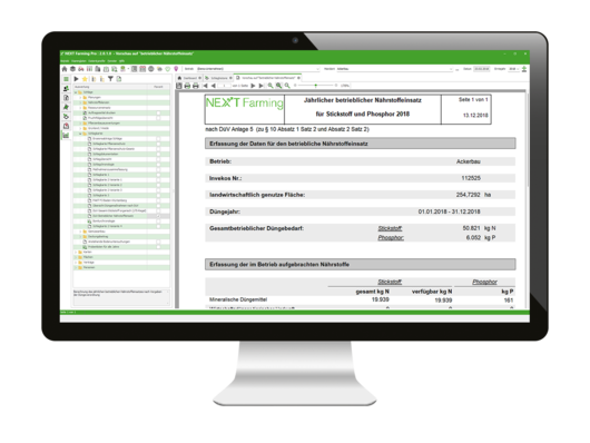 Computerbildschirm zeigt den betrieblichen Nährstoffeinsatz in NEXT Farming Pro