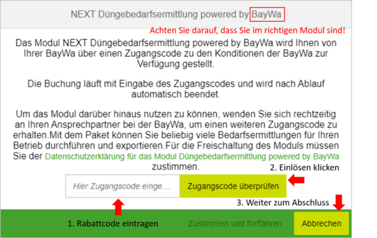 Anleitungsschritt Rabattcode-Eingabe für Düngebedarfsermittlung