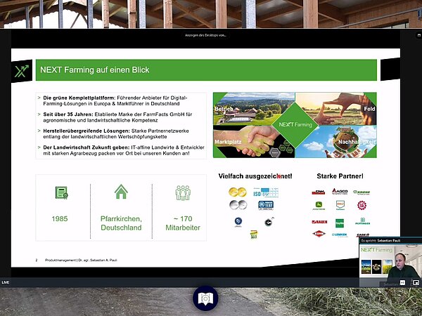 Screenshot der Digimilch-Veranstaltung: Sebastian Pauli gibt einen Überblick über NEXT Farming