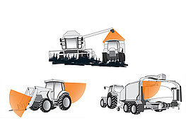 Illustration der Kamerasicht bei Mähdrescher und Traktor mit Heuballenpresse.