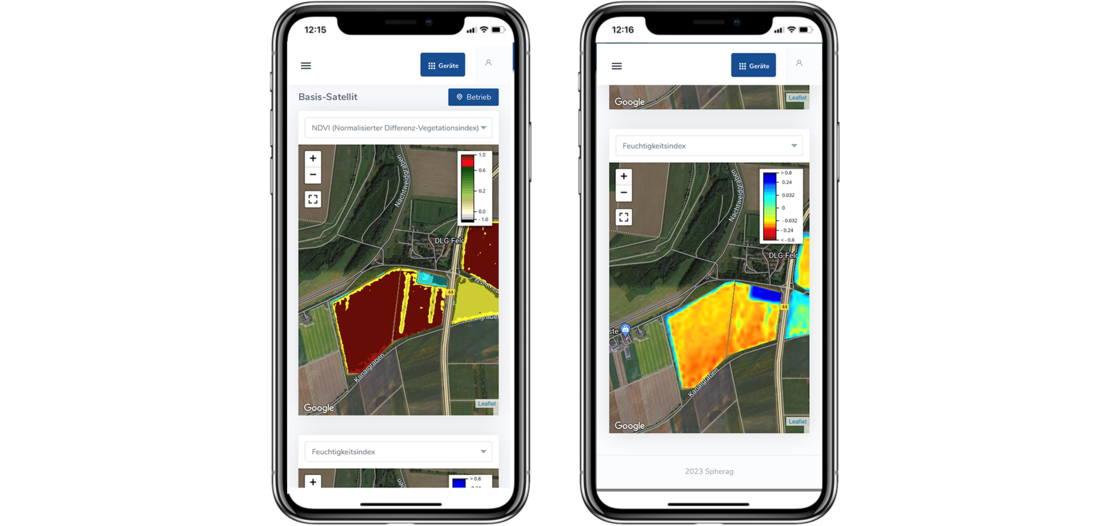 Ausschnitt aus der NEXT Farming App: Feuchtigkeitsindex und NDVI