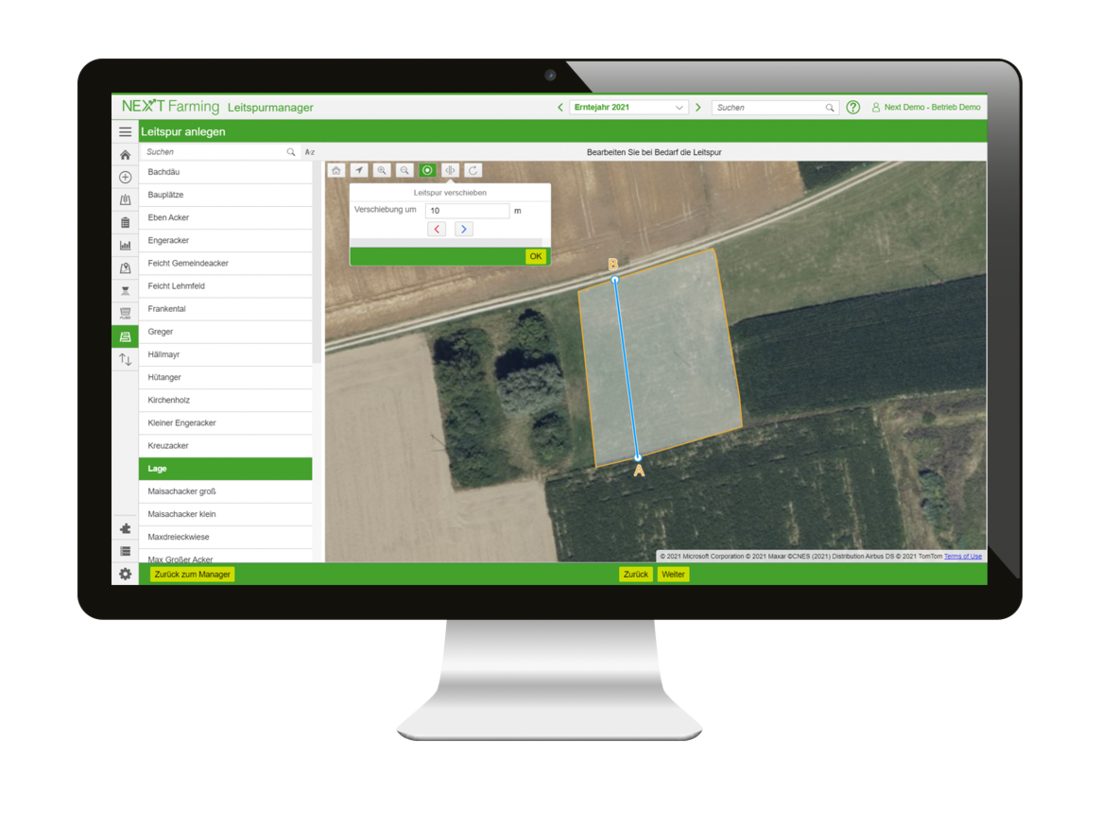 Screenshot des Moduls Leitspurmanager der NEXT Farming Software LIVE.