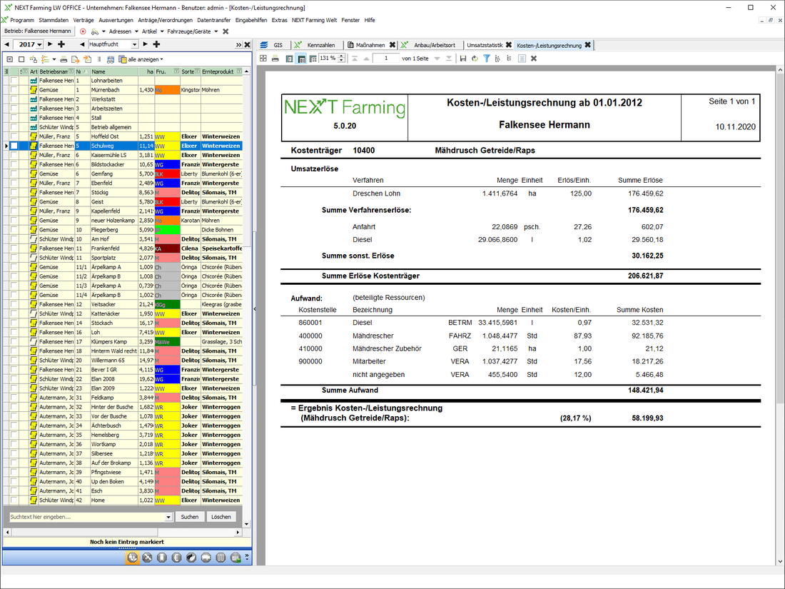 Screenshot des Moduls Lohnunternehmer Profi der NEXT Farming Software LW Office.