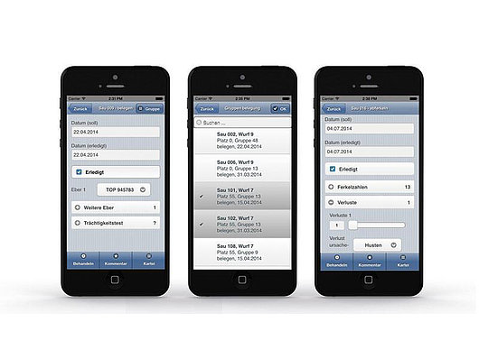 Drei Bildschirmfotos der NEXT MobileSau App