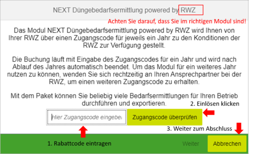 Anleitungsschritt Rabattcode-Eingabe für Düngebedarfsermittlung