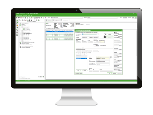 Computerbildschirm zeigt die Vertragsübersicht in NEXT Farming Pro, inklusive Pacht- und Flächenverwaltung