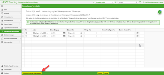 Screenshot der Düngebedarfsermittlung, Beispiel Herbstdüngung bei Wintergerste und Winterraps