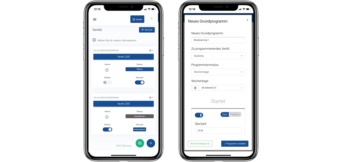 Ausschnitt aus der Bewässerungs-App: Ventile und Programme