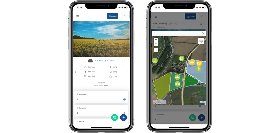 Ausschnitt aus der NEXT Farming App: Wetterdaten und Feldübersicht
