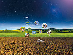Illustration der NEXT Farming Produkte in einem Netz auf einem Feld.