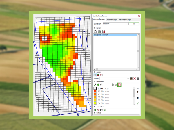 Screenshot der NEXT Farming Software, auf dem eine Applikationskarte, inklusive Sperrzonen abgebildet ist. 