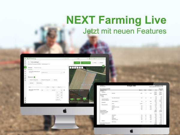 2 Computerbildschirme zeigen neue Features von NEXT Farming Live