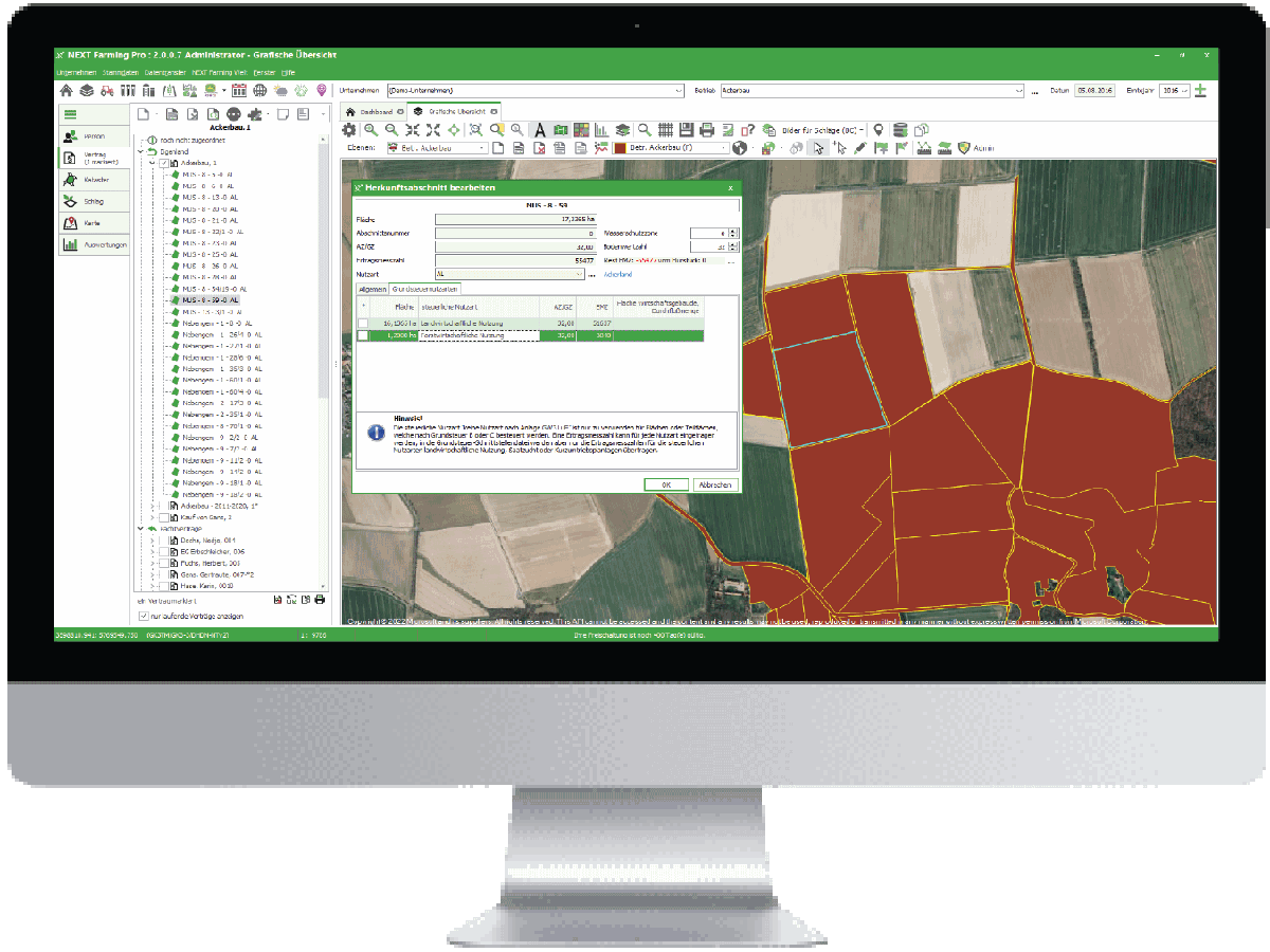 Ein Computerbildschirm zeigt die Software NEXT Farming Pro