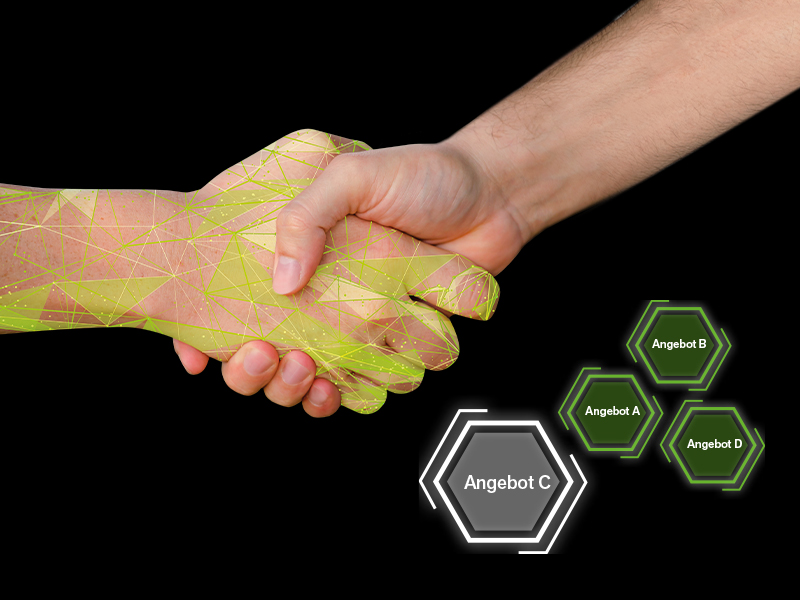 Zwei Hände geben sich die Hand und links unten befinden sich vier sechseckige Formen mit Angebot A, B, C und D.