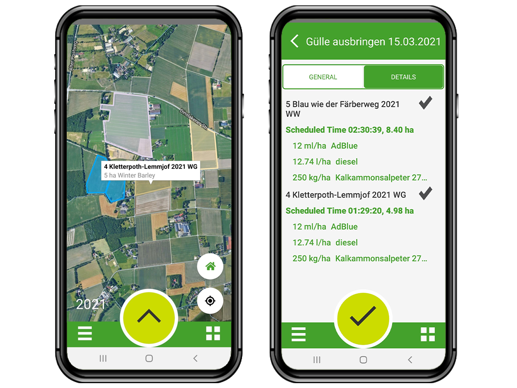 Zwei Handydisplays mit jeweils einer Anzeige der NEXT Farming App.